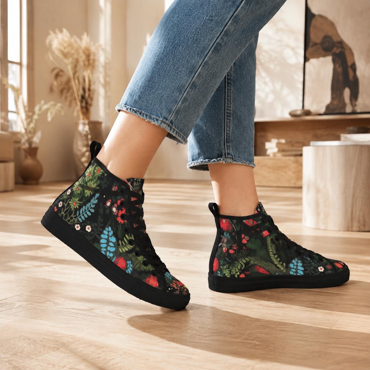 Botanical High Top Sneakers, Folk Art Wildflower Print Canvas Shoes