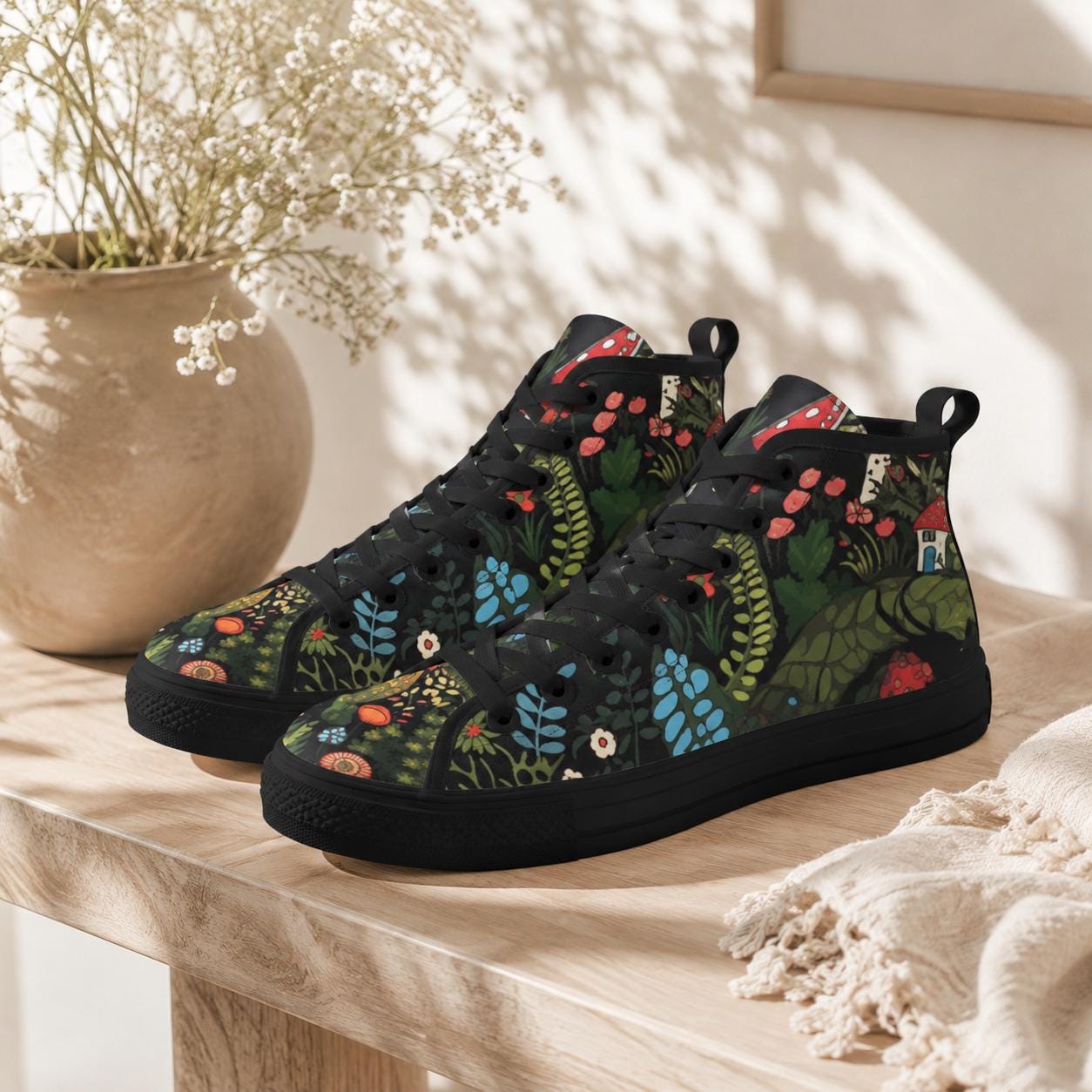 Botanical High Top Sneakers, Folk Art Wildflower Print Canvas Shoes