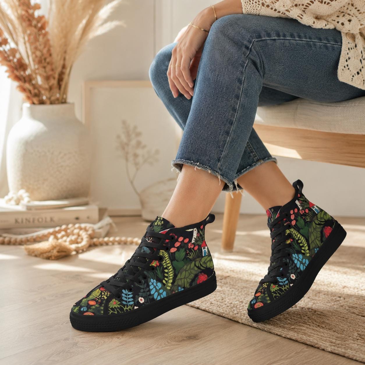 Botanical High Top Sneakers, Folk Art Wildflower Print Canvas Shoes