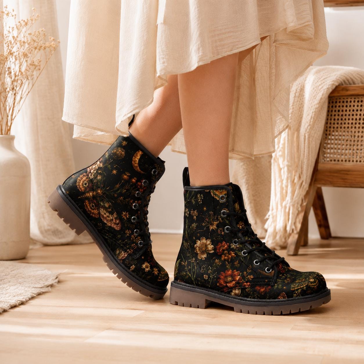 Dark Floral Combat Boots, Moth Moon Lace Up Ankle Boots, Whimsigoth Footwear