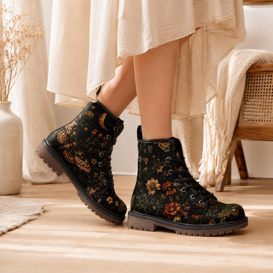 Dark Floral Combat Boots, Moth Moon Lace Up Ankle Boots, Whimsigoth Footwear