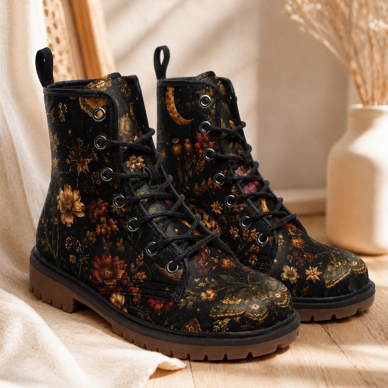 Dark Floral Combat Boots, Moth Moon Lace Up Ankle Boots, Whimsigoth Footwear