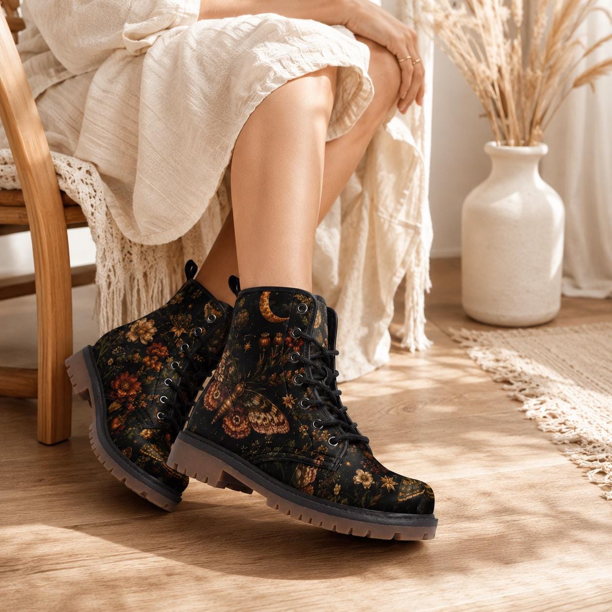 Dark Floral Combat Boots, Moth Moon Lace Up Ankle Boots, Whimsigoth Footwear