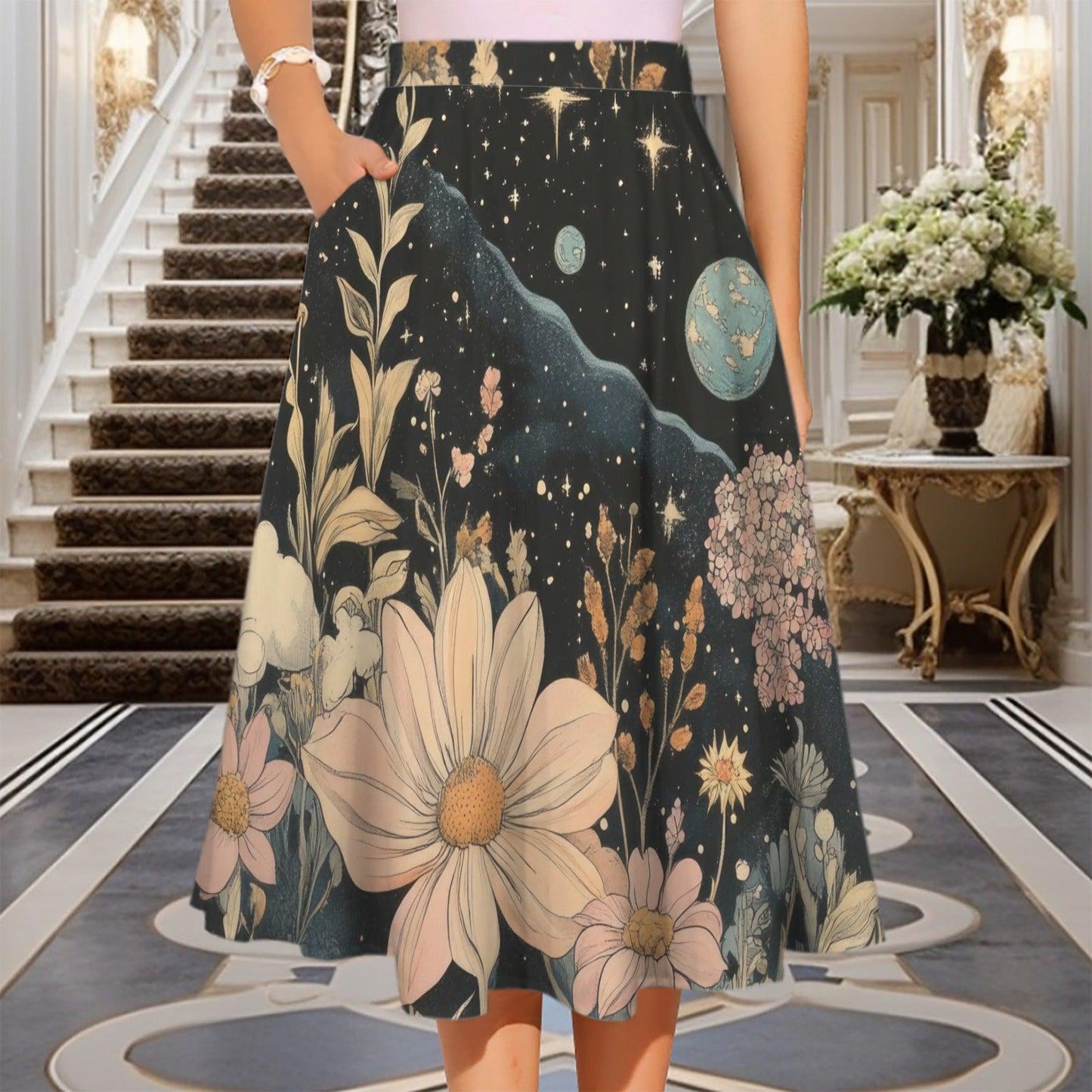 Celestial Floral Midi Skirt, Dark Botanical Moon Stars, Whimsigoth Style, Pockets
