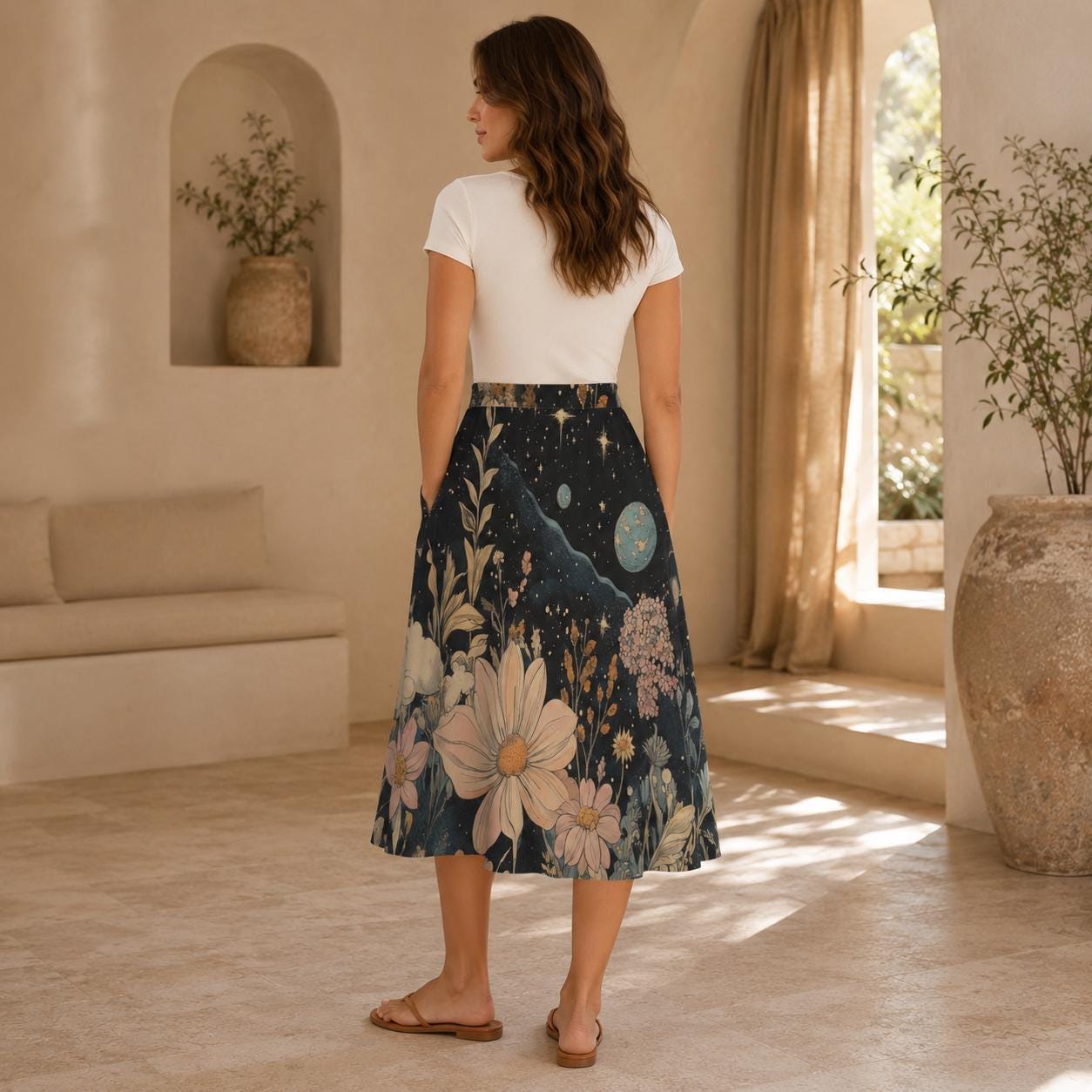 Celestial Floral Midi Skirt, Dark Botanical Moon Stars, Whimsigoth Style, Pockets