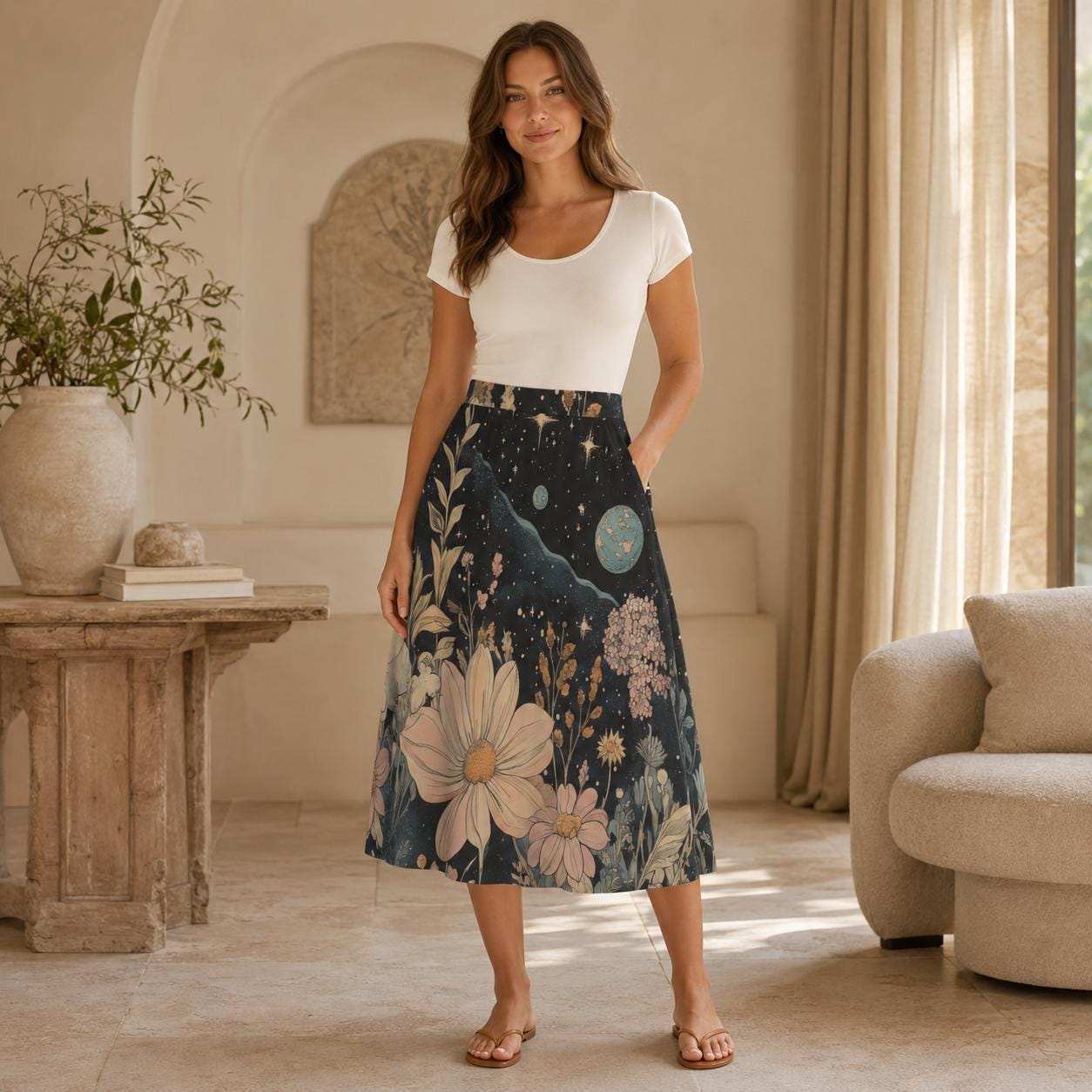 Celestial Floral Midi Skirt, Dark Botanical Moon Stars, Whimsigoth Style, Pockets