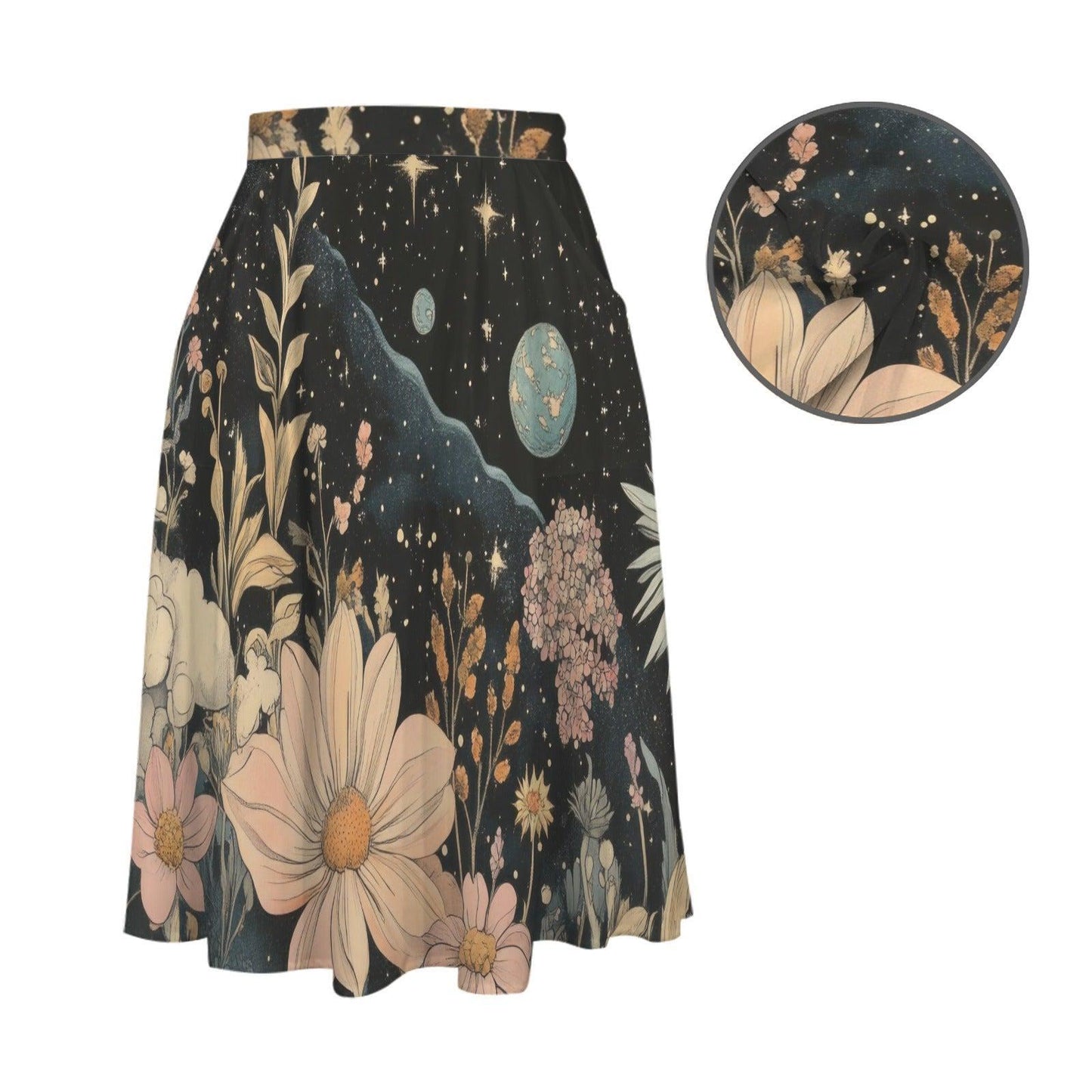 Celestial Floral Midi Skirt, Dark Botanical Moon Stars, Whimsigoth Style, Pockets