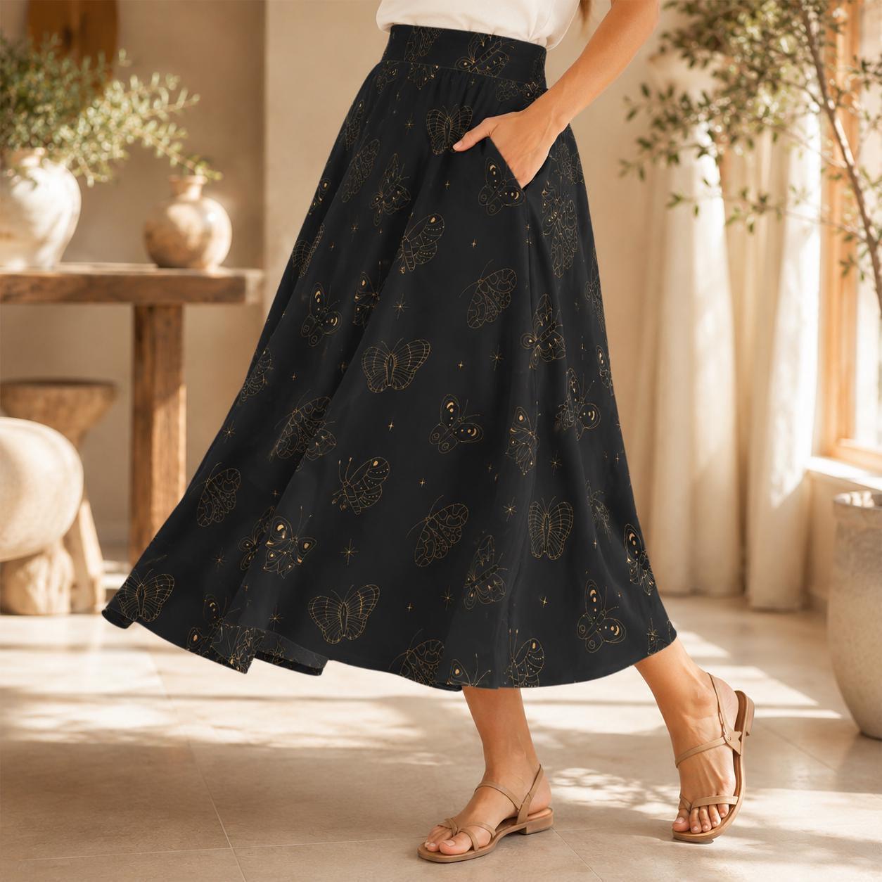 Black Gold Butterfly Midi Skirt, Line Art Celestial Print, Dark Academia Style