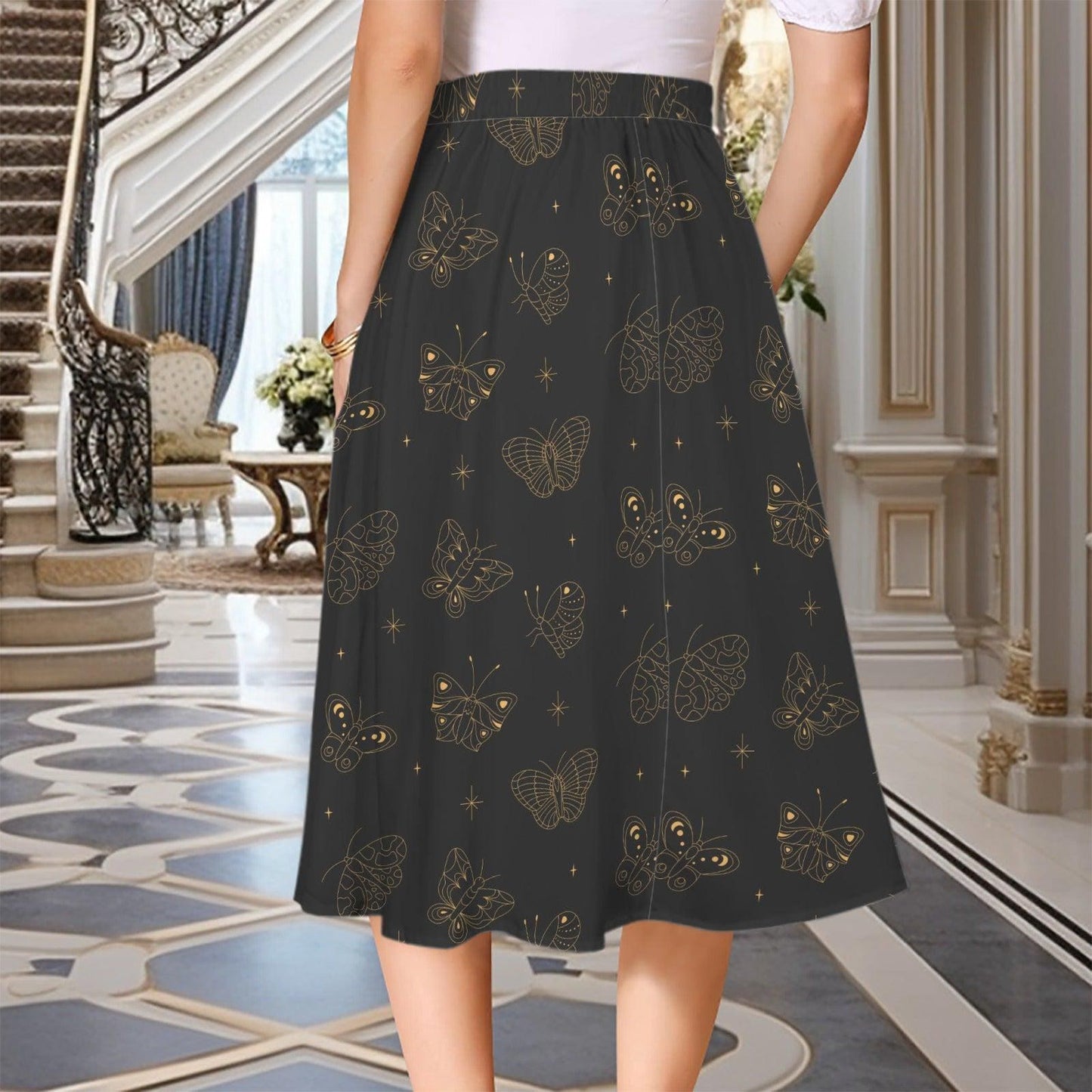 Black Gold Butterfly Midi Skirt, Line Art Celestial Print, Dark Academia Style