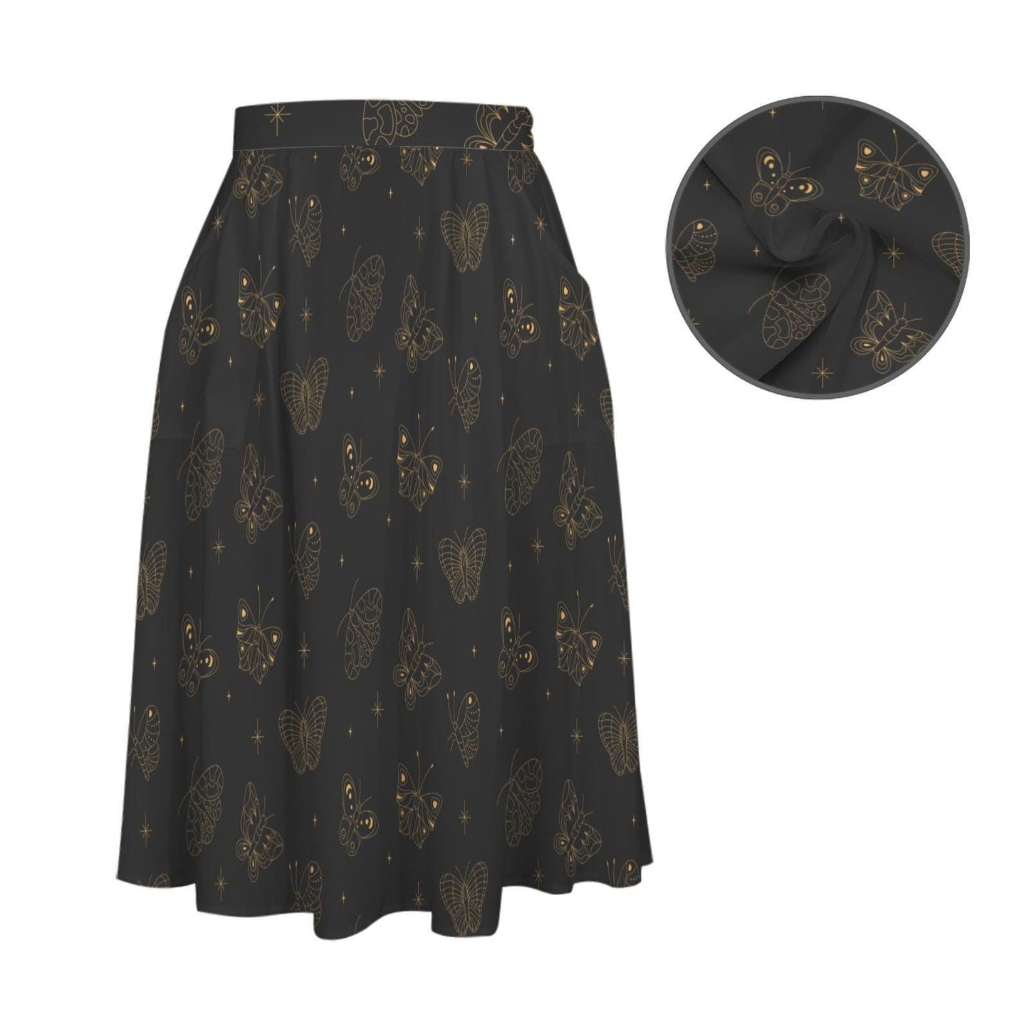 Black Gold Butterfly Midi Skirt, Line Art Celestial Print, Dark Academia Style