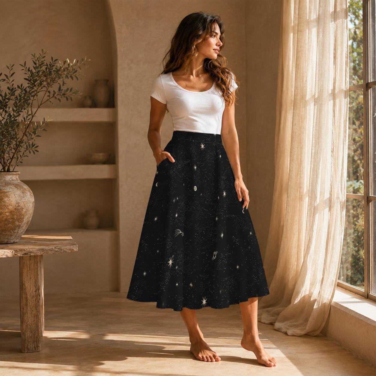 Starry Night Midi Skirt, Black Moon Star Print, Whimsigoth Cosmic Evening Wear