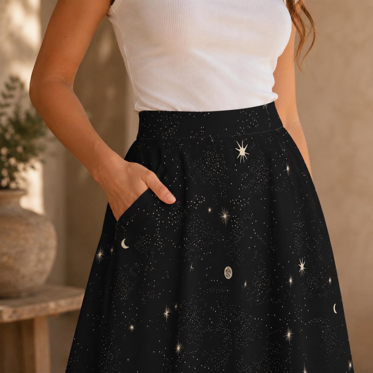 Starry Night Midi Skirt, Black Moon Star Print, Whimsigoth Cosmic Evening Wear