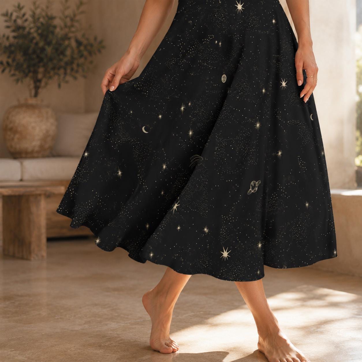 Starry Night Midi Skirt, Black Moon Star Print, Whimsigoth Cosmic Evening Wear