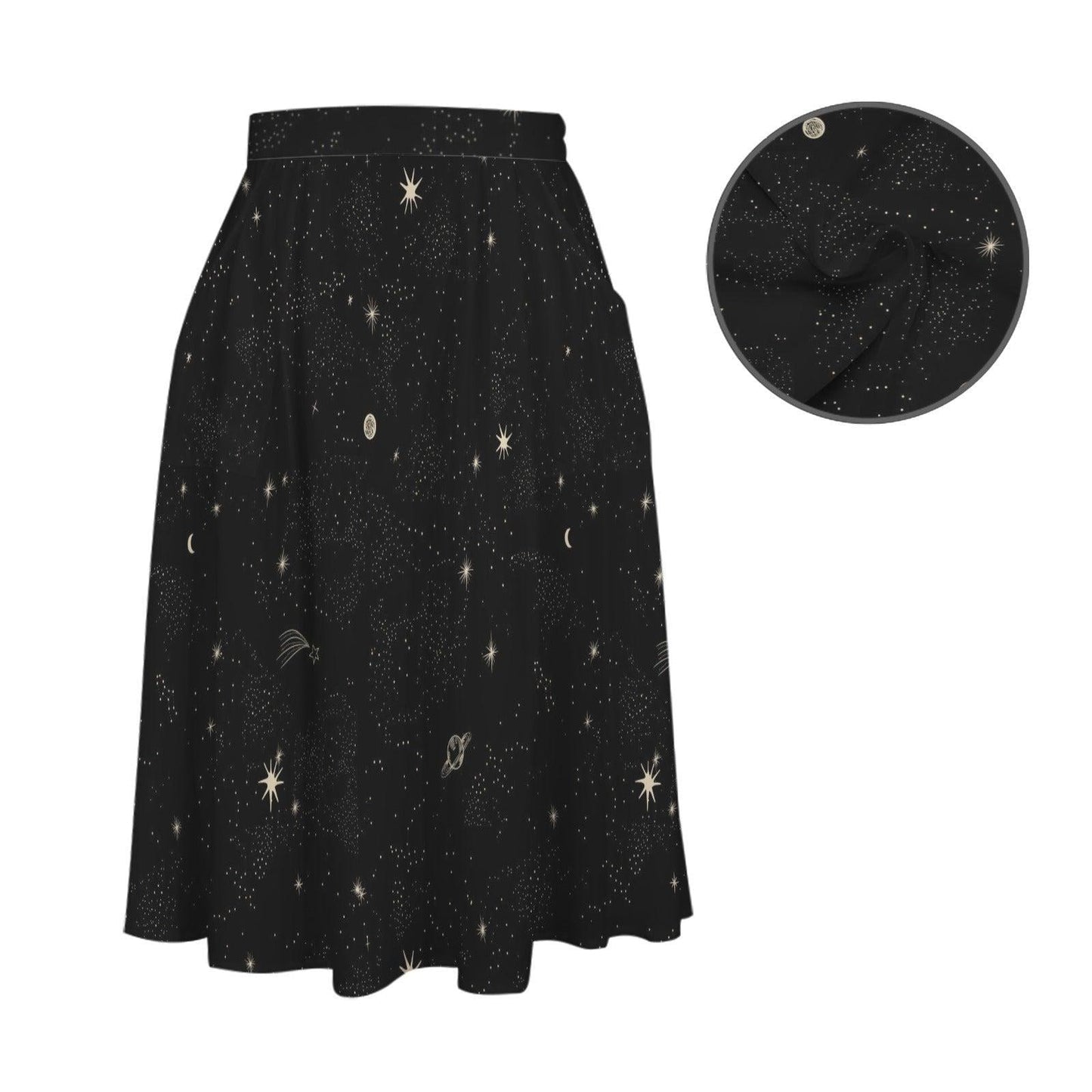 Starry Night Midi Skirt, Black Moon Star Print, Whimsigoth Cosmic Evening Wear