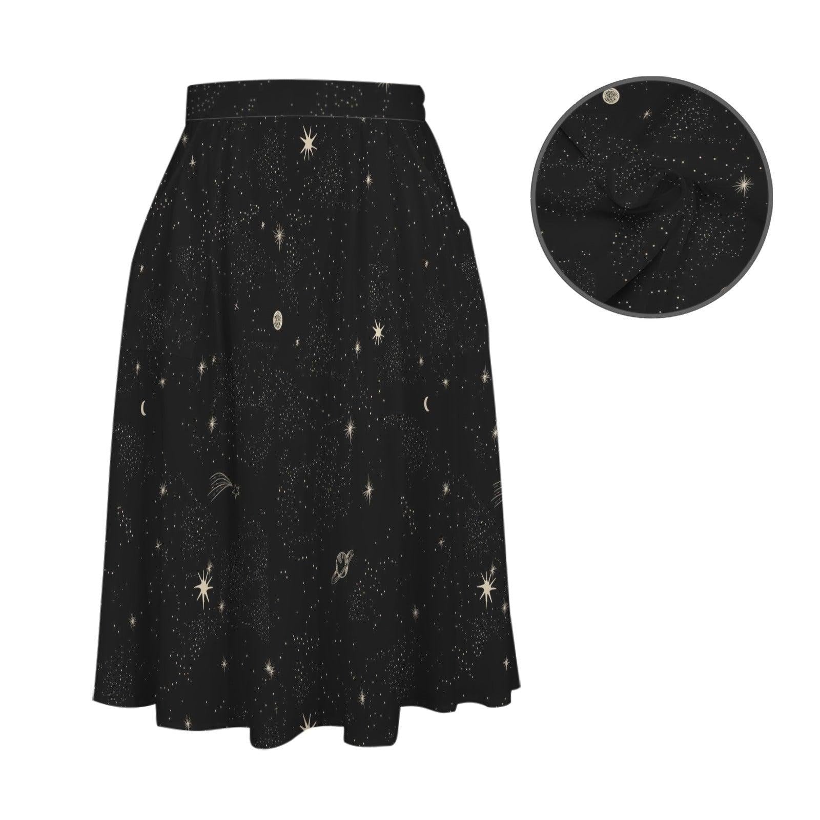 Starry Night Midi Skirt, Black Moon Star Print, Whimsigoth Cosmic Evening Wear