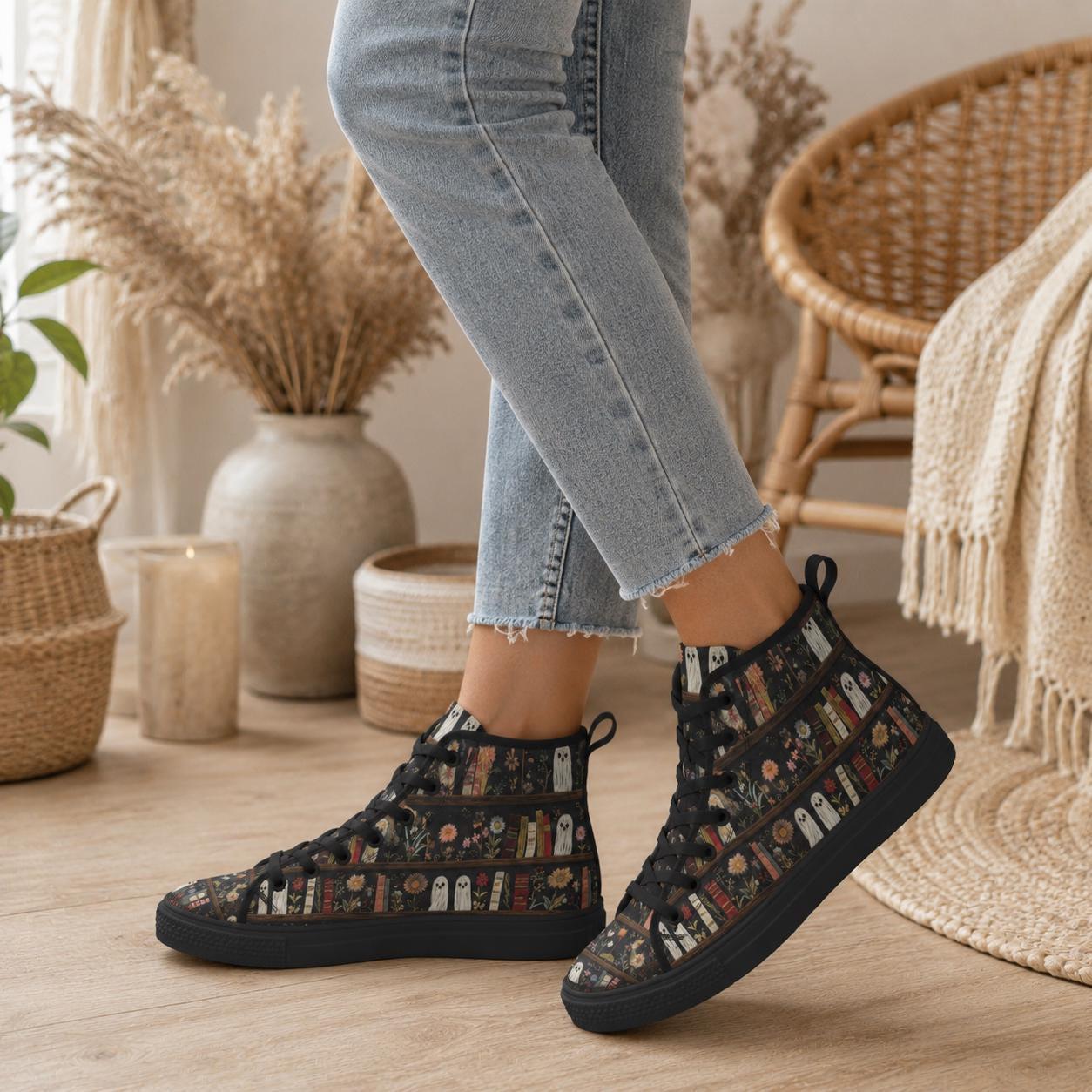 Dark Academia Ghost Bookshelf High Top Sneakers, Floral Library Canvas Shoes