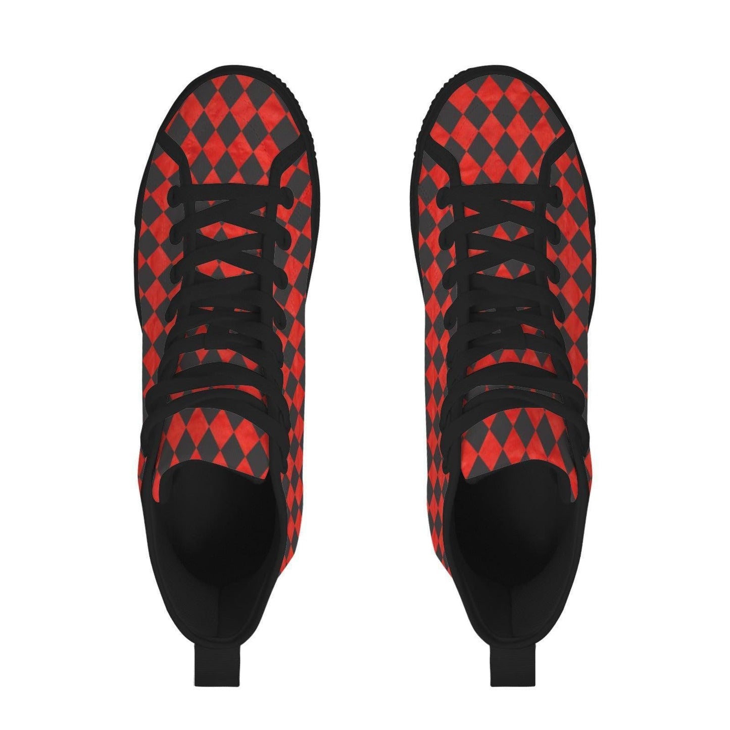 Red Harlequin Diamond High Top Canvas Sneakers, Clown Core Skate Style Lace Up Kicks