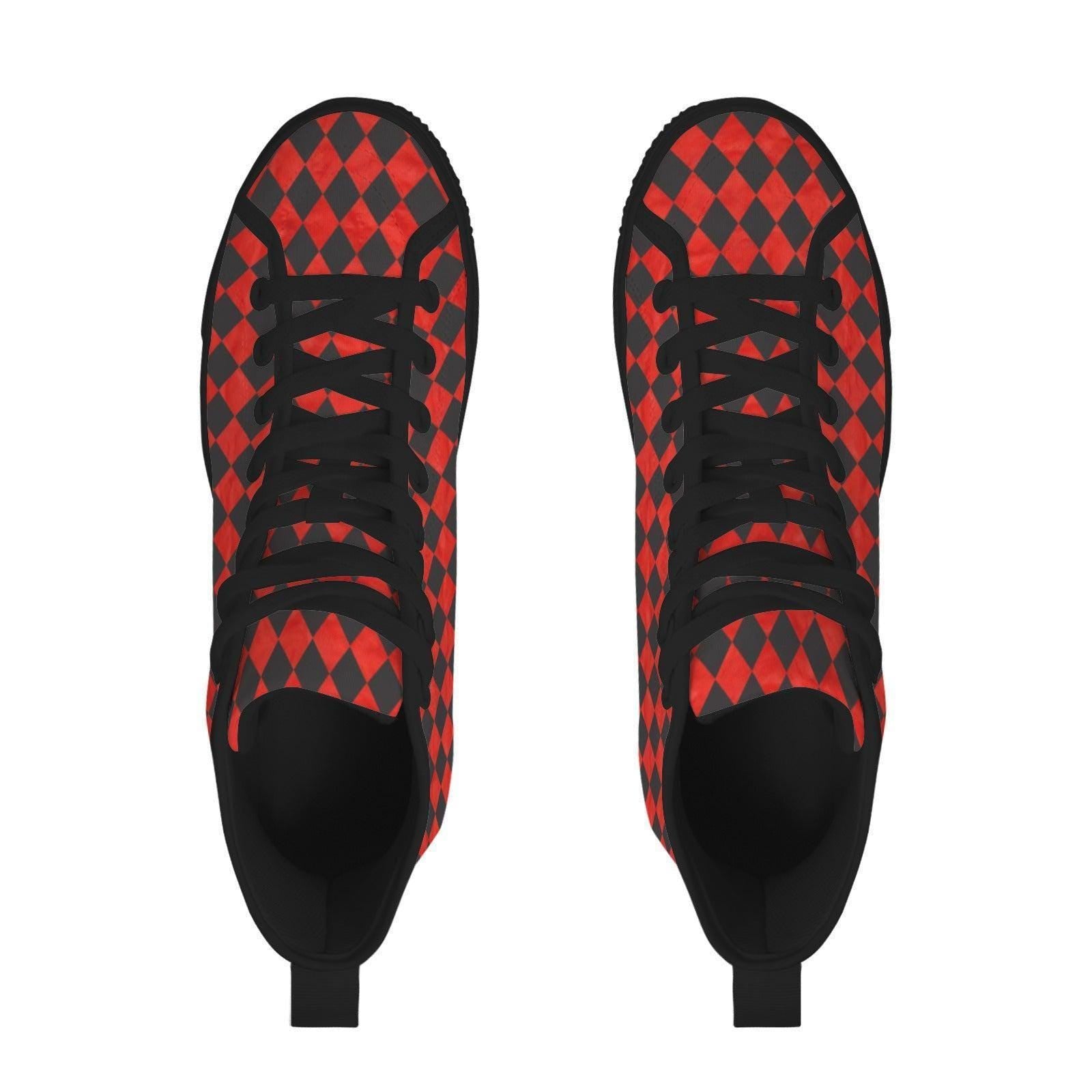 Red Harlequin Diamond High Top Canvas Sneakers, Clown Core Skate Style Lace Up Kicks