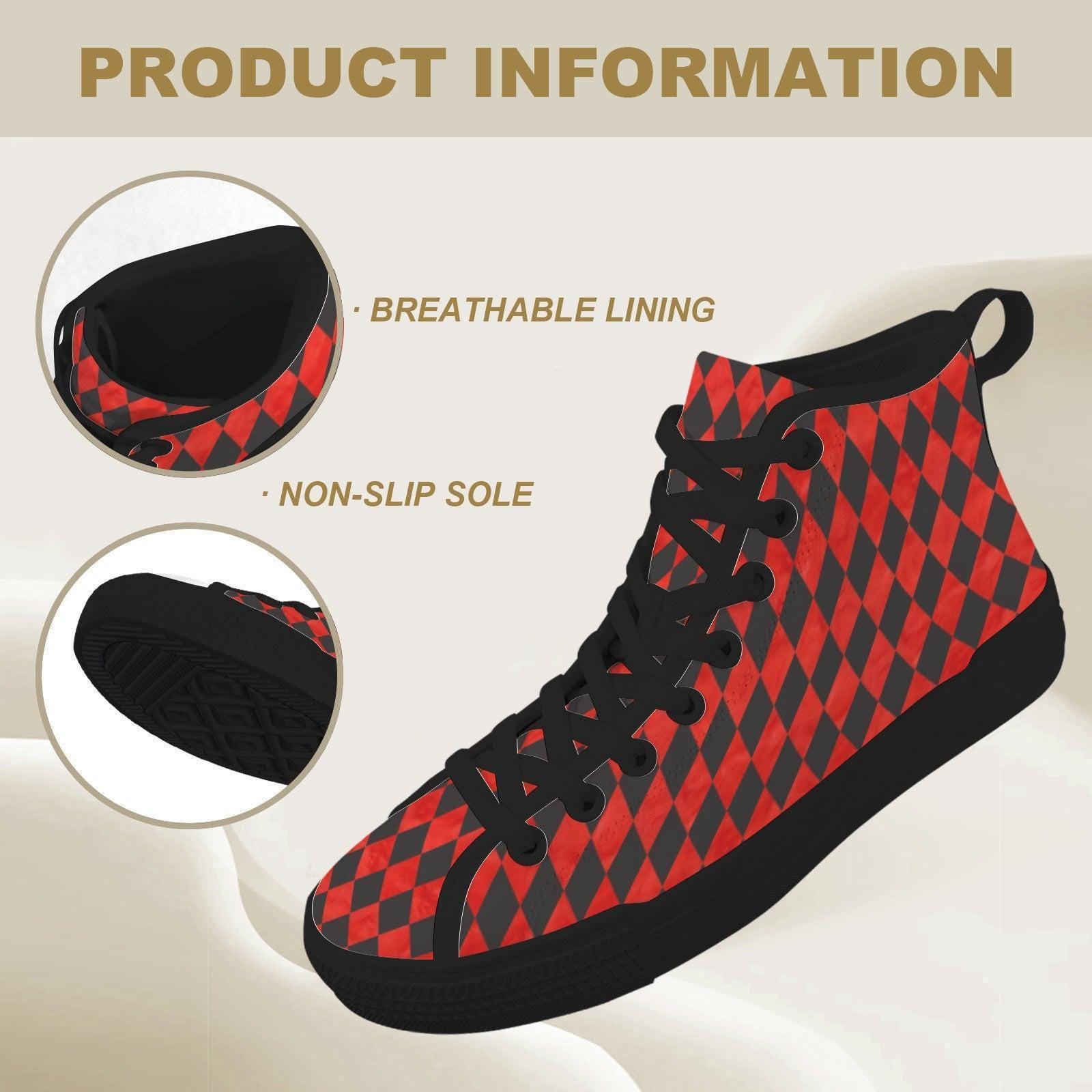 Red Harlequin Diamond High Top Canvas Sneakers, Clown Core Skate Style Lace Up Kicks