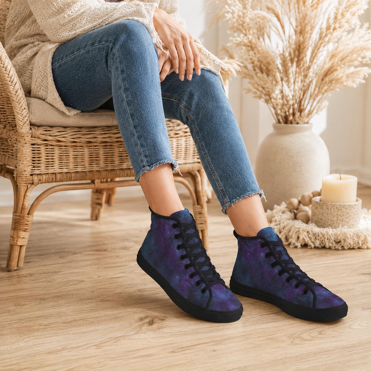 Galaxy High Top Sneakers, Blue Purple Nebula Canvas Shoes, Astronomy Lover Kicks