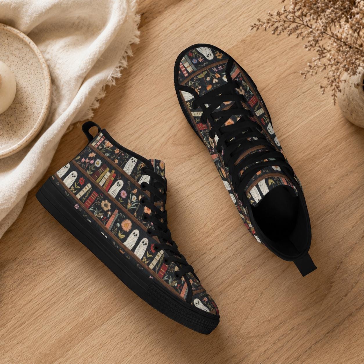 Dark Academia Ghost Bookshelf High Top Sneakers, Floral Library Canvas Shoes