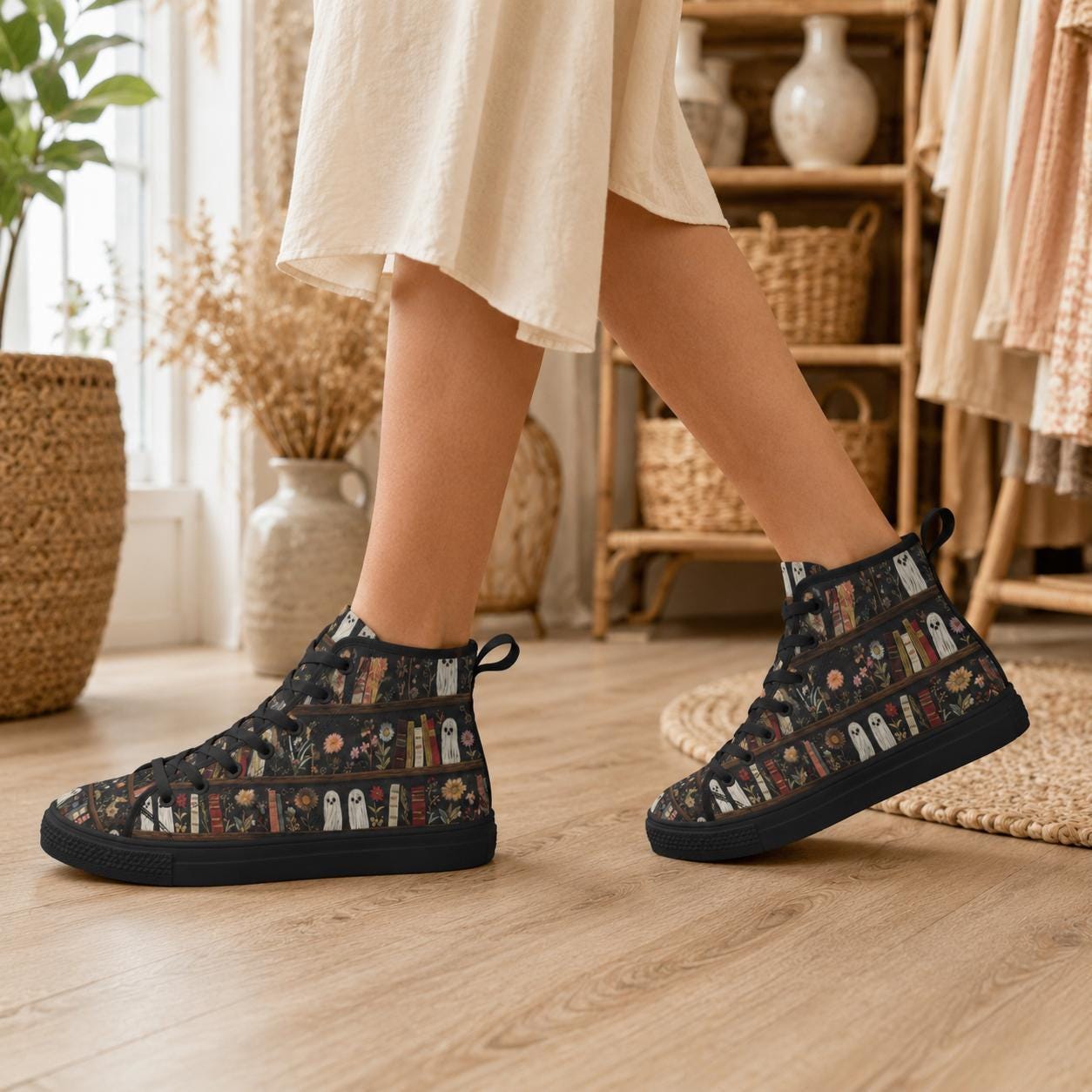 Dark Academia Ghost Bookshelf High Top Sneakers, Floral Library Canvas Shoes