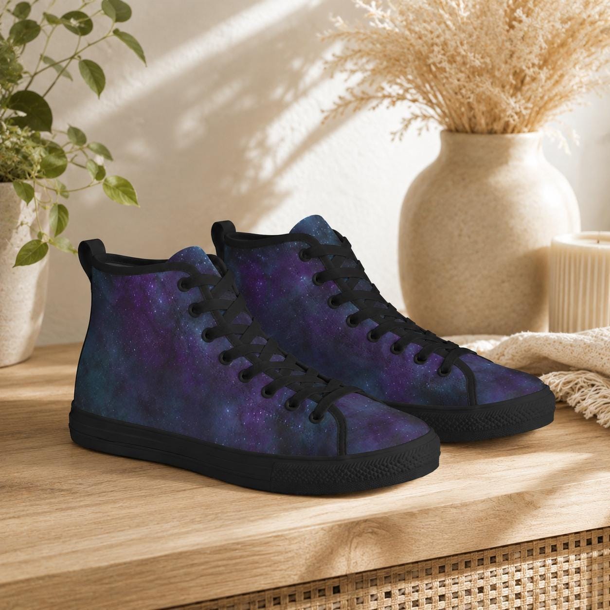 Galaxy High Top Sneakers, Blue Purple Nebula Canvas Shoes, Astronomy Lover Kicks