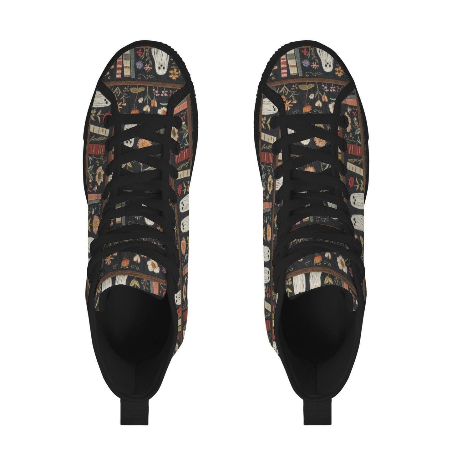 Dark Academia Ghost Bookshelf High Top Sneakers, Floral Library Canvas Shoes