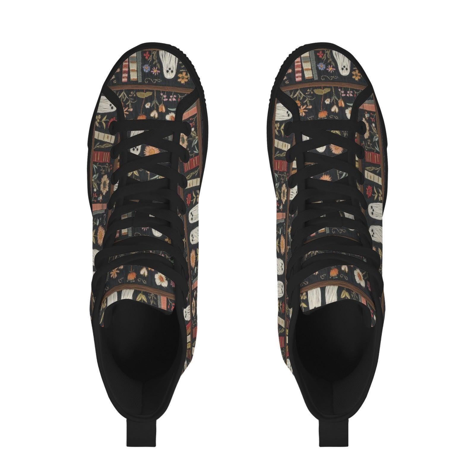 Dark Academia Ghost Bookshelf High Top Sneakers, Floral Library Canvas Shoes