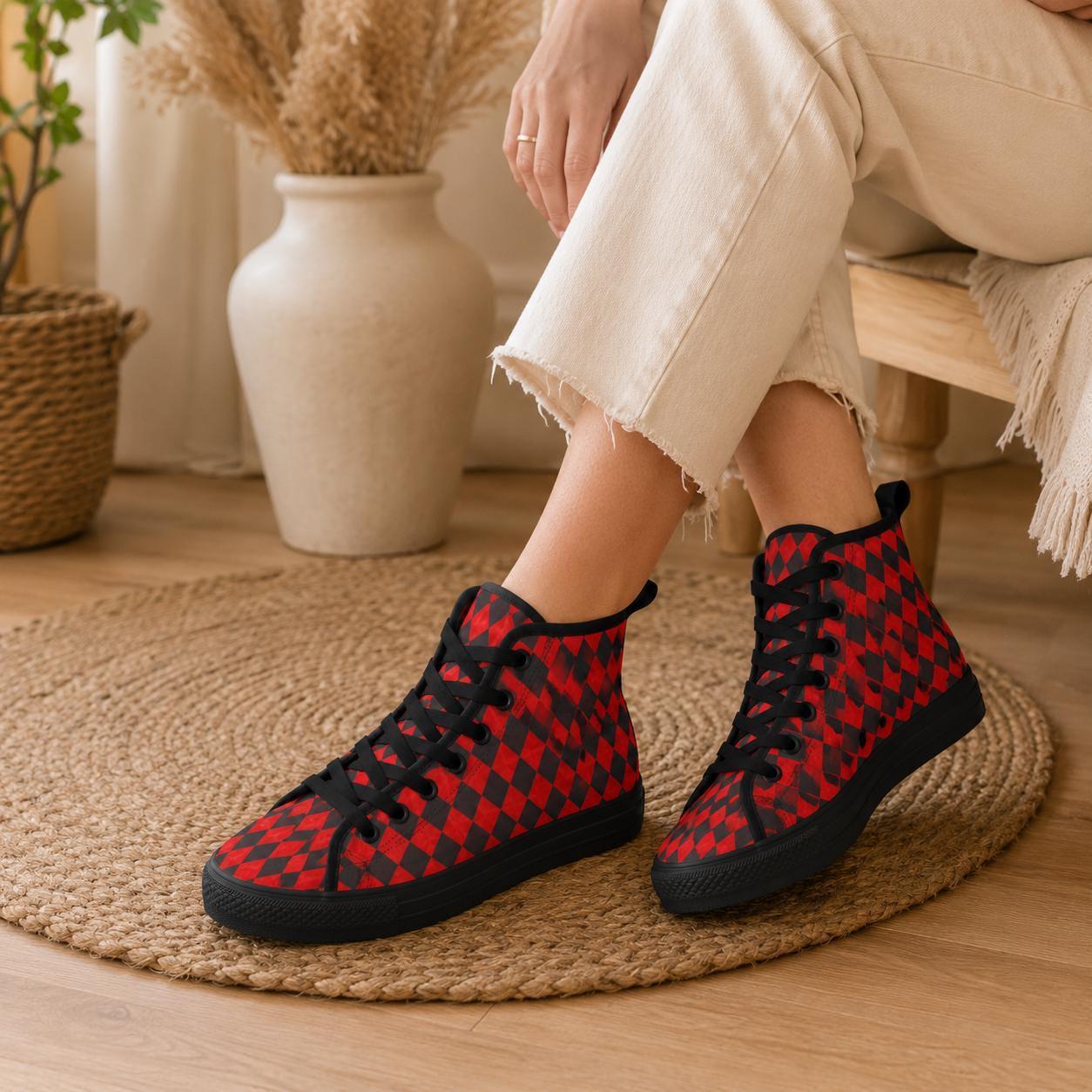 Red Harlequin Diamond High Top Canvas Sneakers, Clown Core Skate Style Lace Up Kicks