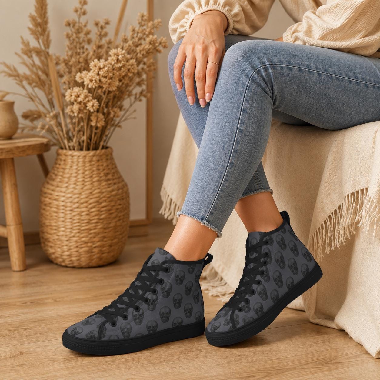 Gray Skull Print High Top Canvas Sneakers, Goth Punk Lace Up Kicks