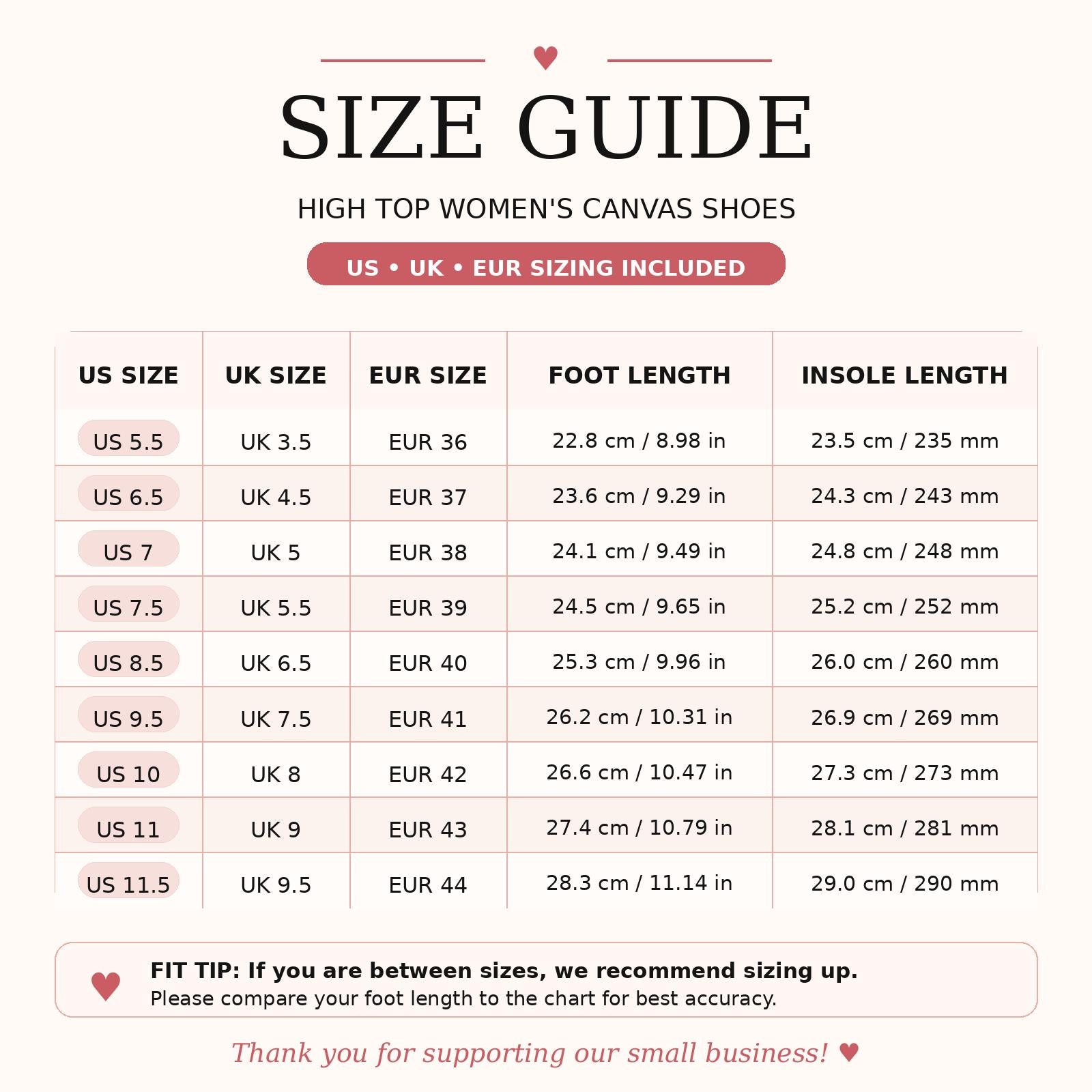 The image is a size guide for high top women's canvas shoes, providing sizes and corresponding foot lengths for various countries and shoe styles.
