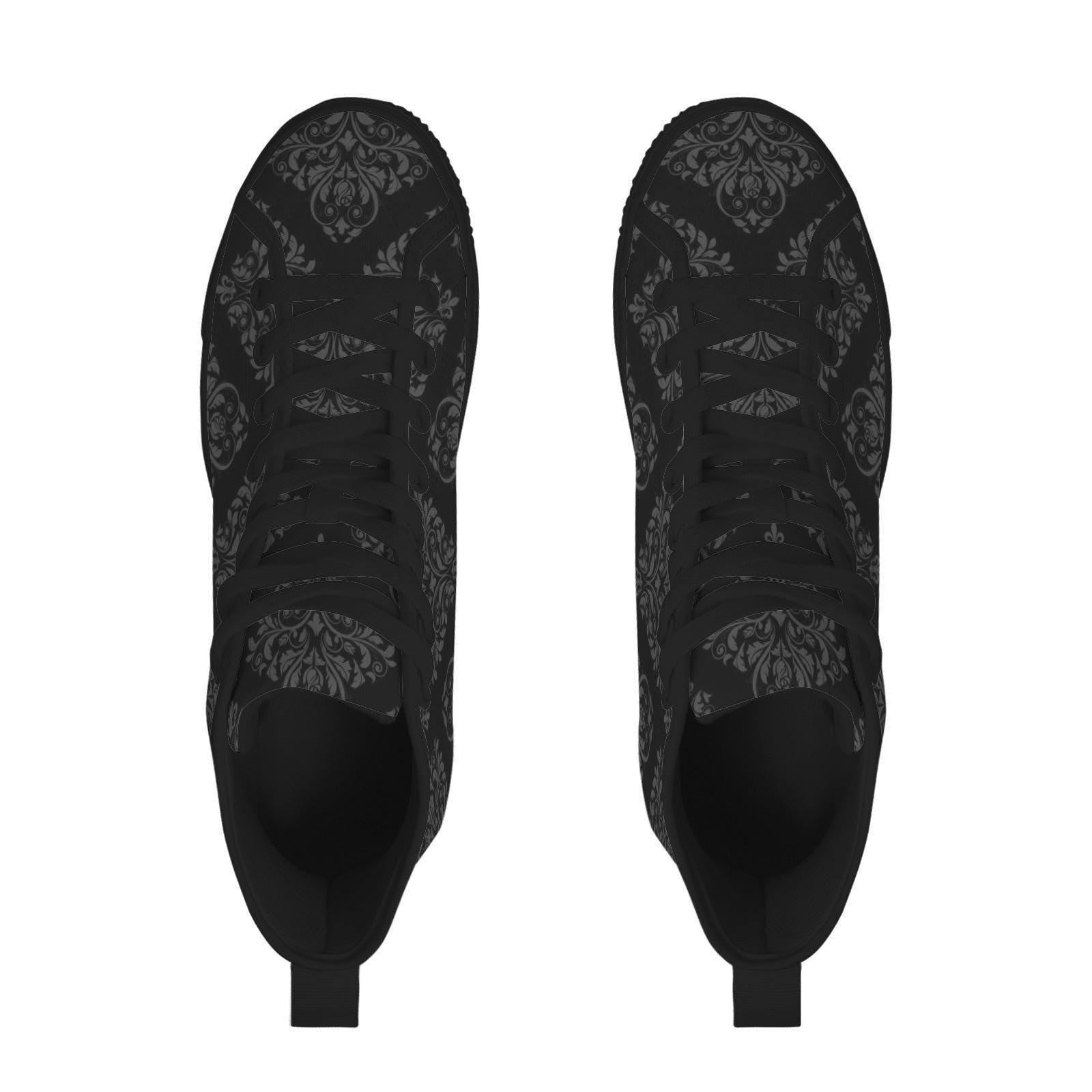 Black Damask High Top Sneakers, Gothic Baroque Canvas Shoes, Dark Academia Lace Up Everyday