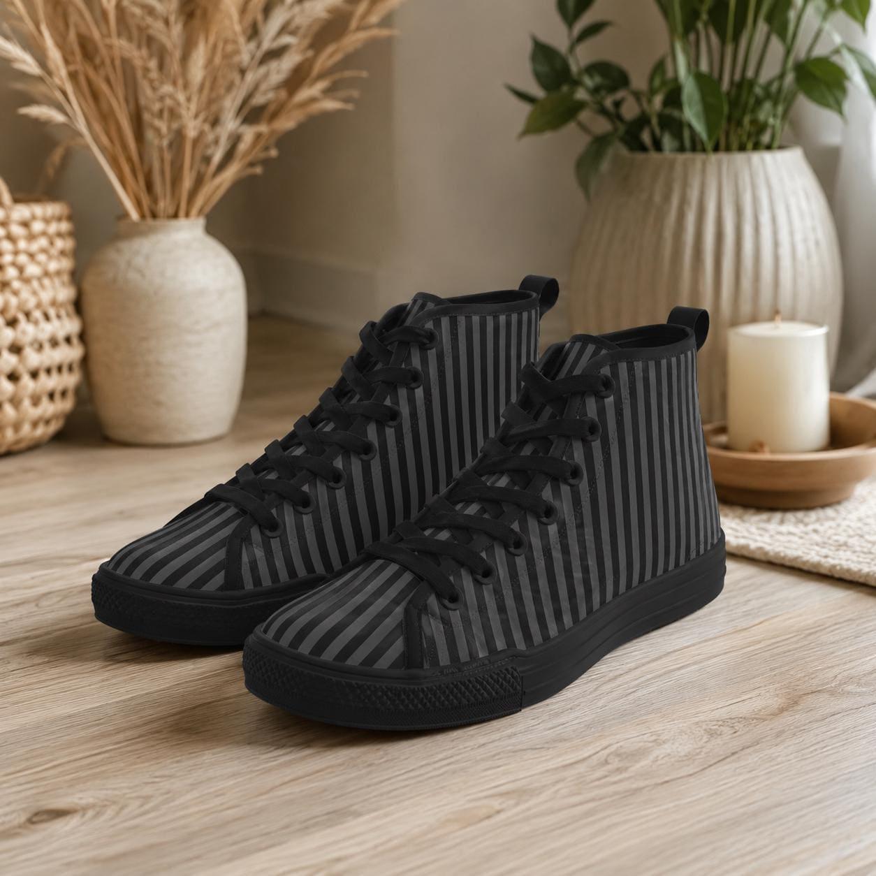 Pinstripe High Top Sneakers, Black Gray Vertical Stripe Canvas Shoes, Dark Academia Kicks