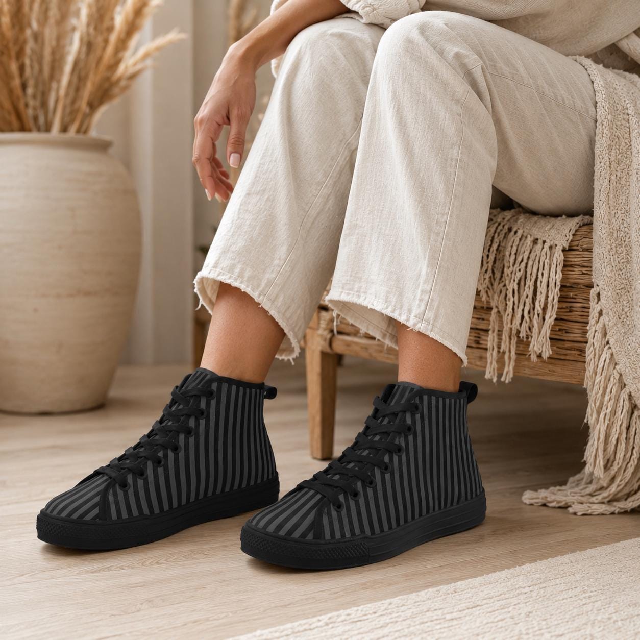 Pinstripe High Top Sneakers, Black Gray Vertical Stripe Canvas Shoes, Dark Academia Kicks