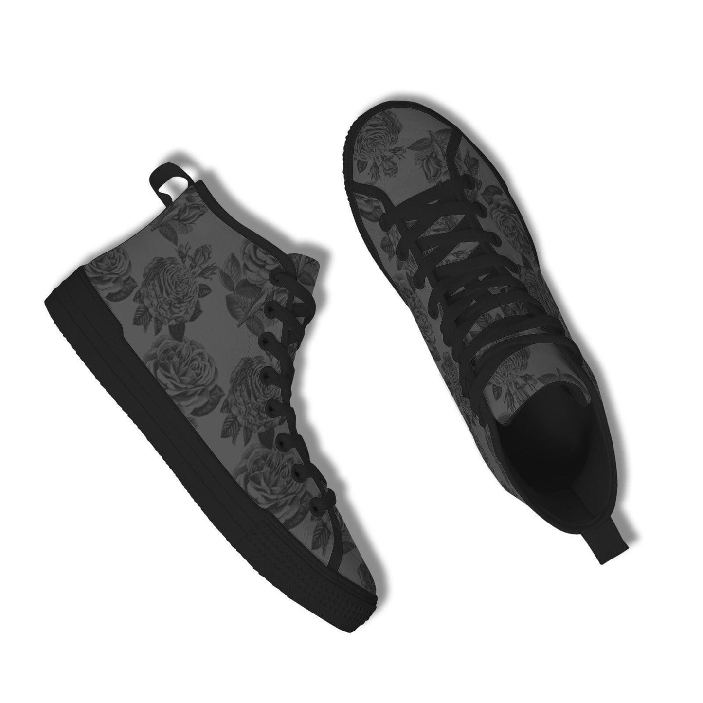 Gray and Black Rose Print High Top Sneakers with Lace Up Front