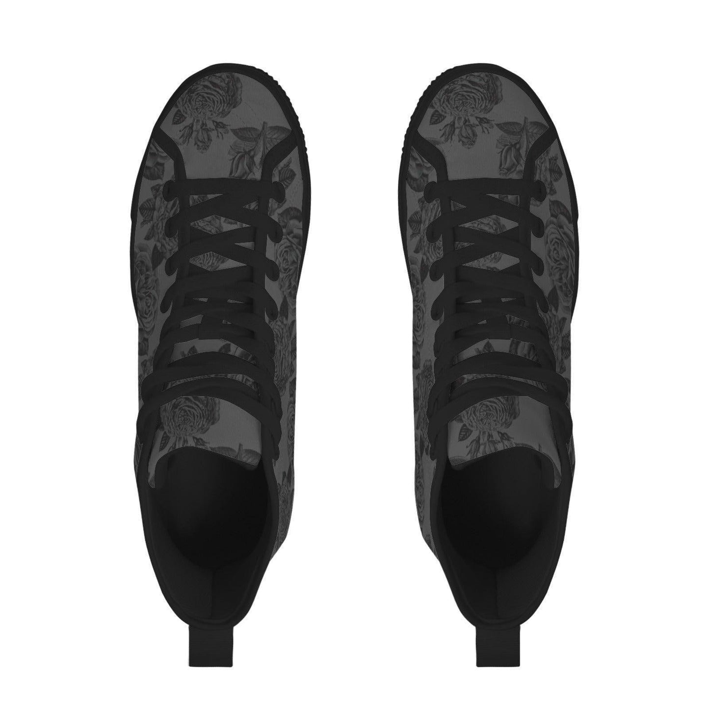 Gray and Black Rose Print High Top Sneakers with Lace Up Front