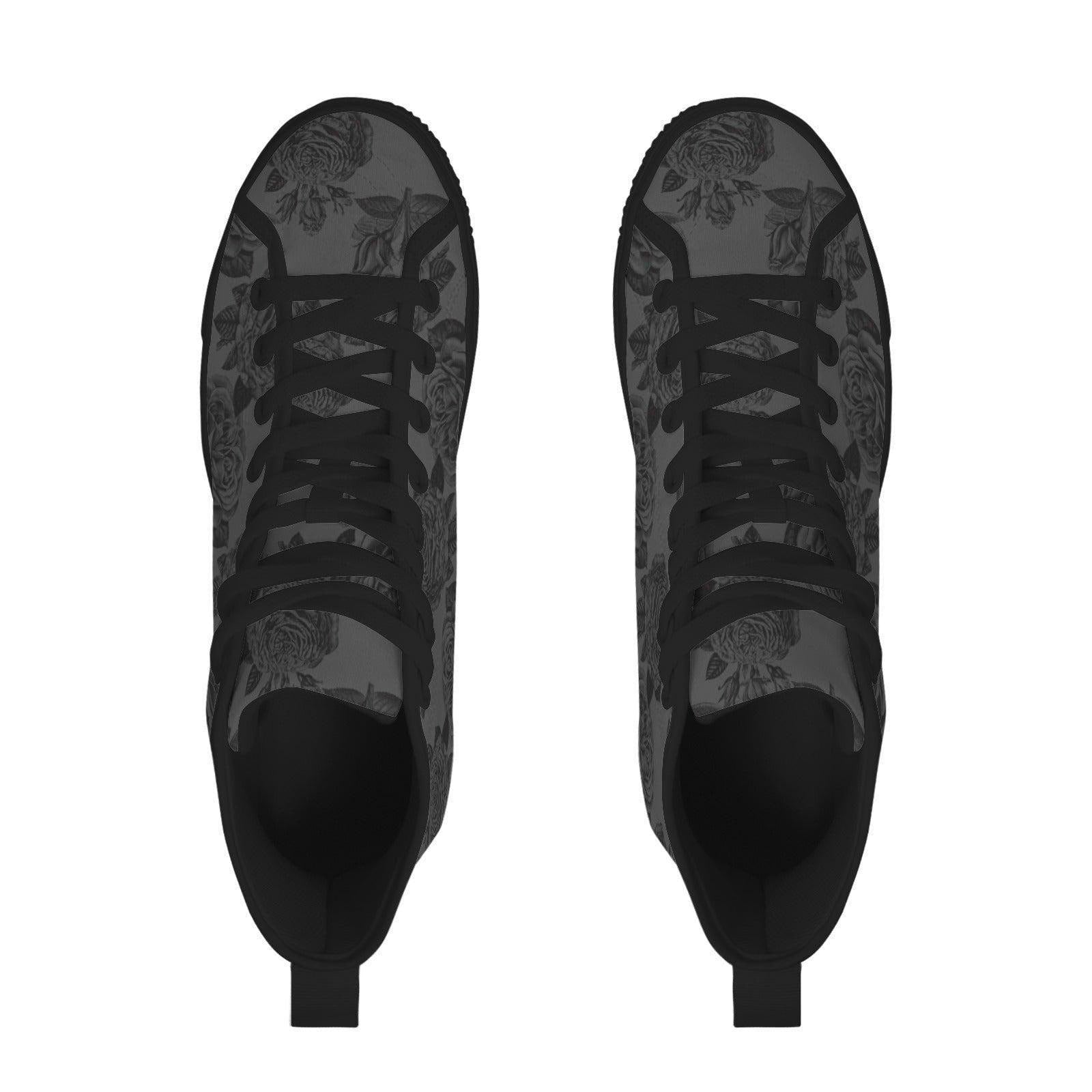 Gray and Black Rose Print High Top Sneakers with Lace Up Front