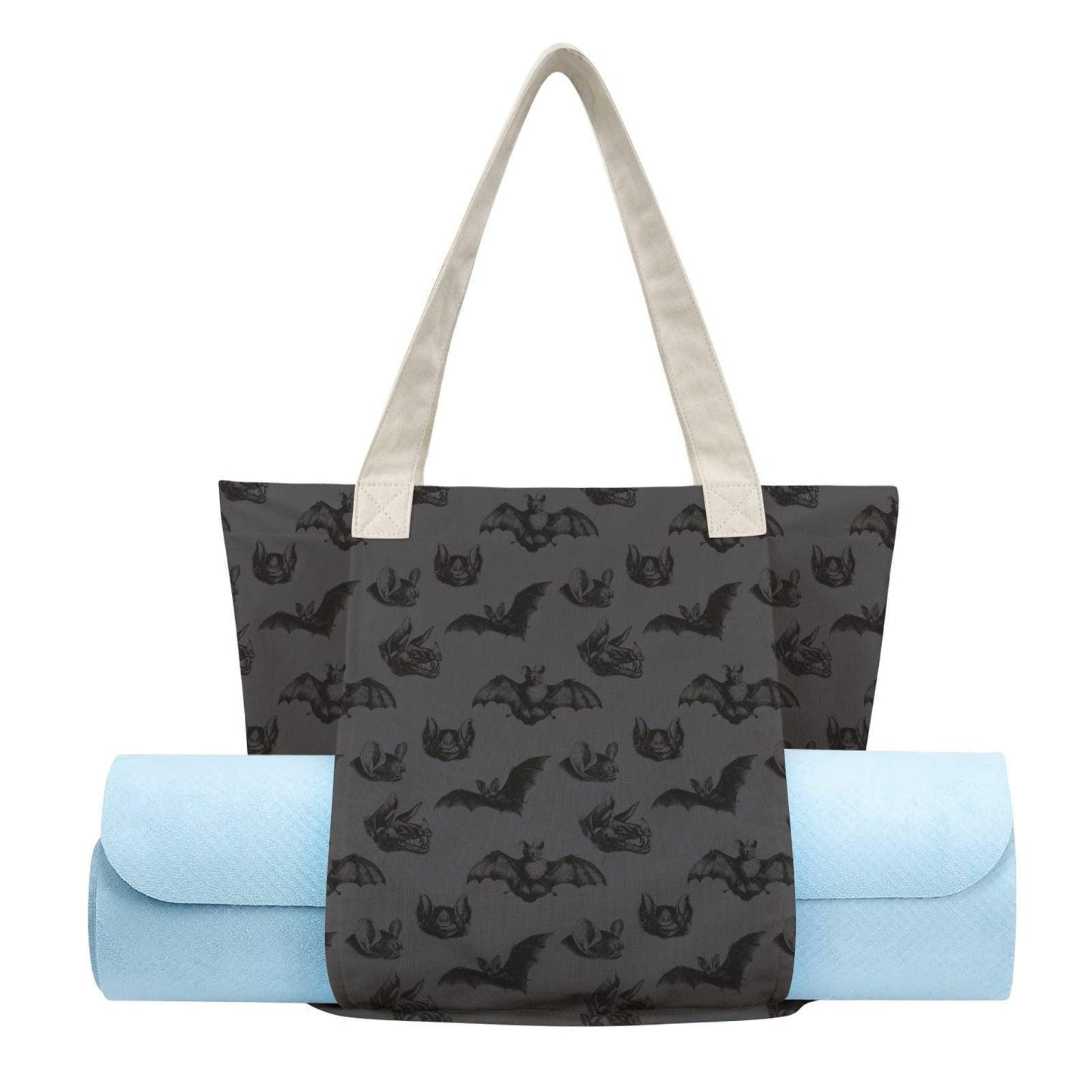 Charcoal Gray Bat Print Yoga Mat Tote Bag, Goth Gym Bag with Straps