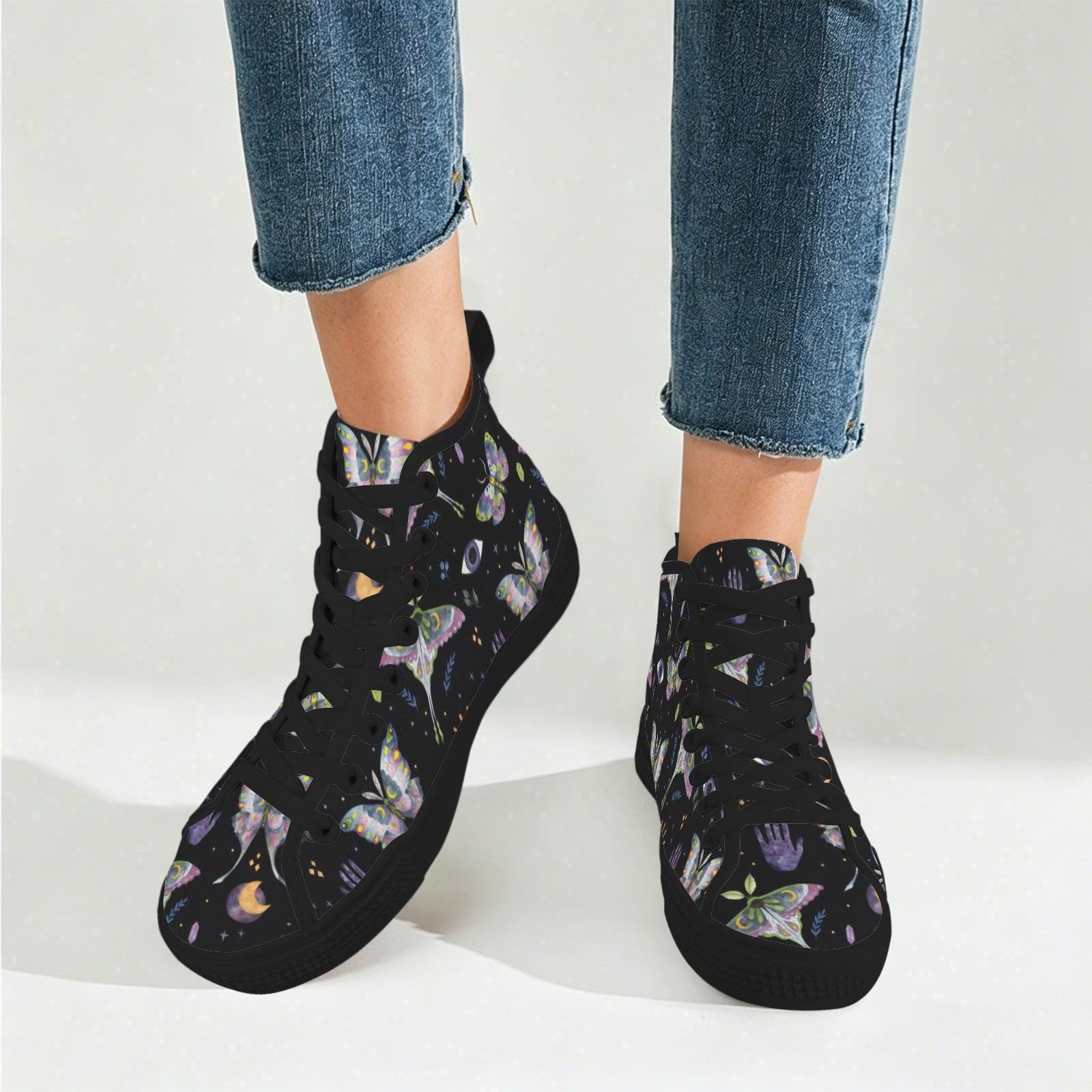 Witchy Moth Moon Sneakers, Pastel Botanical Evil Eye Canvas Shoes