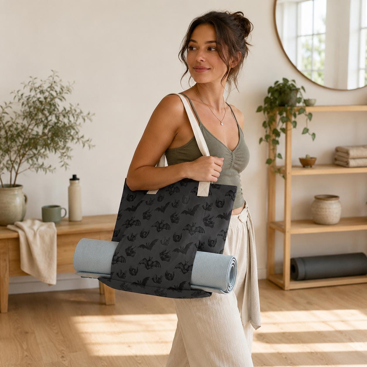 Charcoal Gray Bat Print Yoga Mat Tote Bag, Goth Gym Bag with Straps
