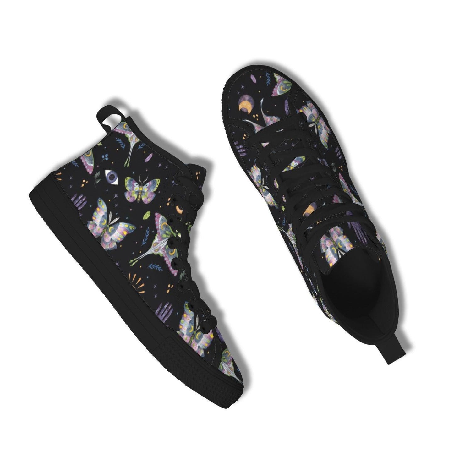 Witchy Moth Moon Sneakers, Pastel Botanical Evil Eye Canvas Shoes
