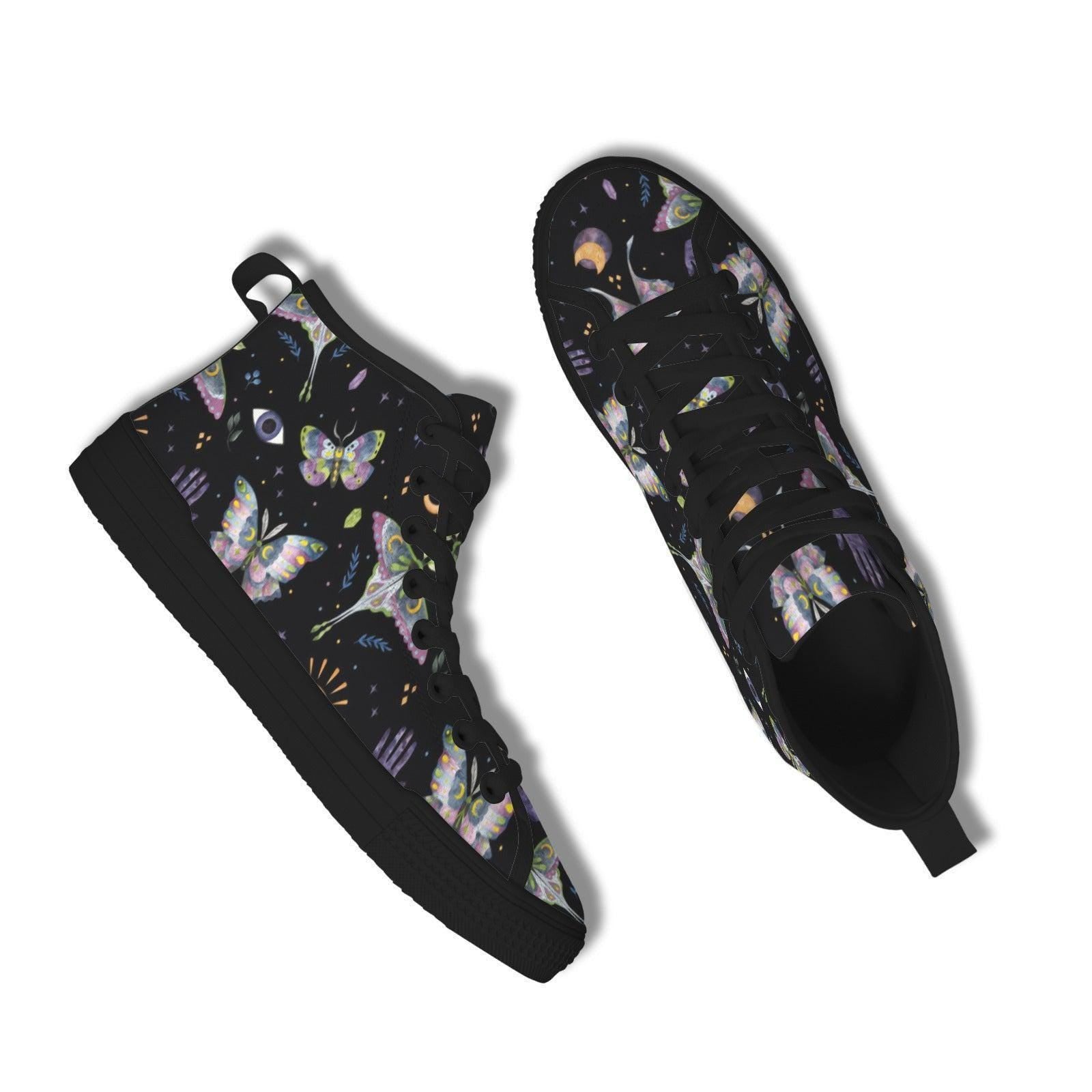 Witchy Moth Moon Sneakers, Pastel Botanical Evil Eye Canvas Shoes