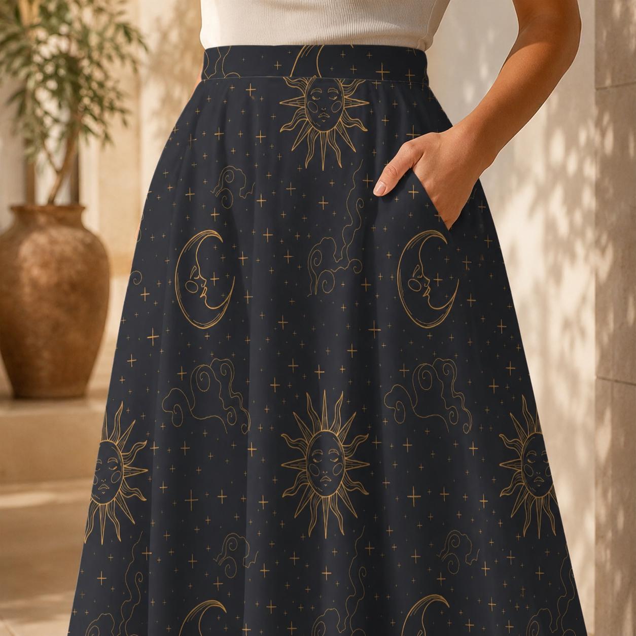 Celestial Sun Moon Midi Skirt with Pockets, Gold Tarot Witchy Style Festivals