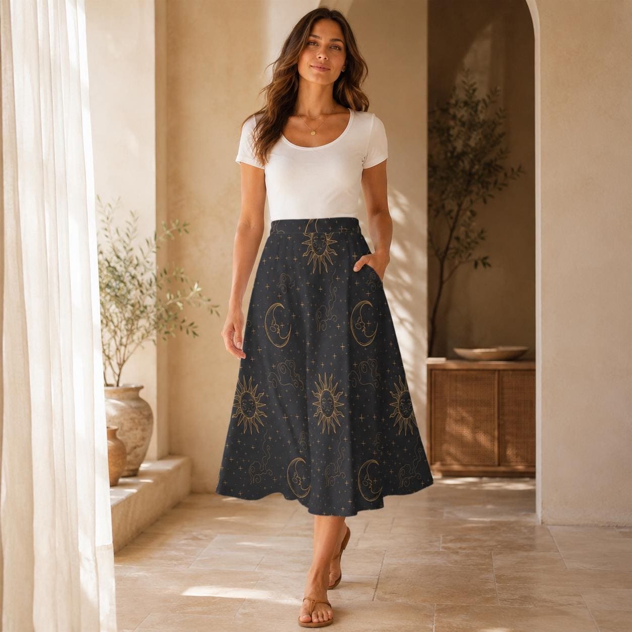 Celestial Sun Moon Midi Skirt with Pockets, Gold Tarot Witchy Style Festivals