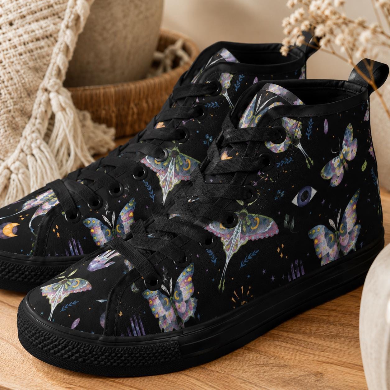 Witchy Moth Moon Sneakers, Pastel Botanical Evil Eye Canvas Shoes