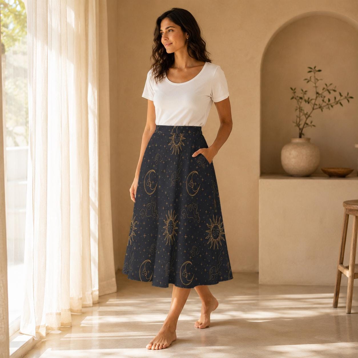 Celestial Sun Moon Midi Skirt with Pockets, Gold Tarot Witchy Style Festivals