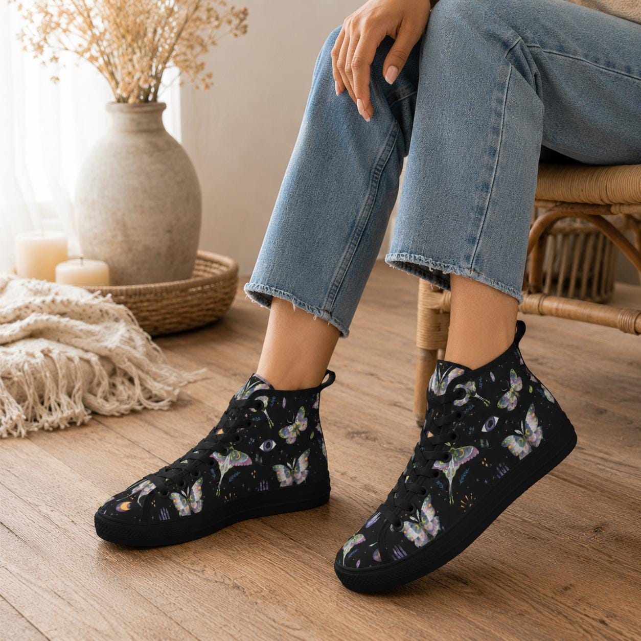 Witchy Moth Moon Sneakers, Pastel Botanical Evil Eye Canvas Shoes