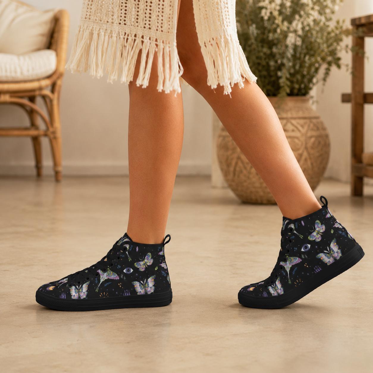 Witchy Moth Moon Sneakers, Pastel Botanical Evil Eye Canvas Shoes