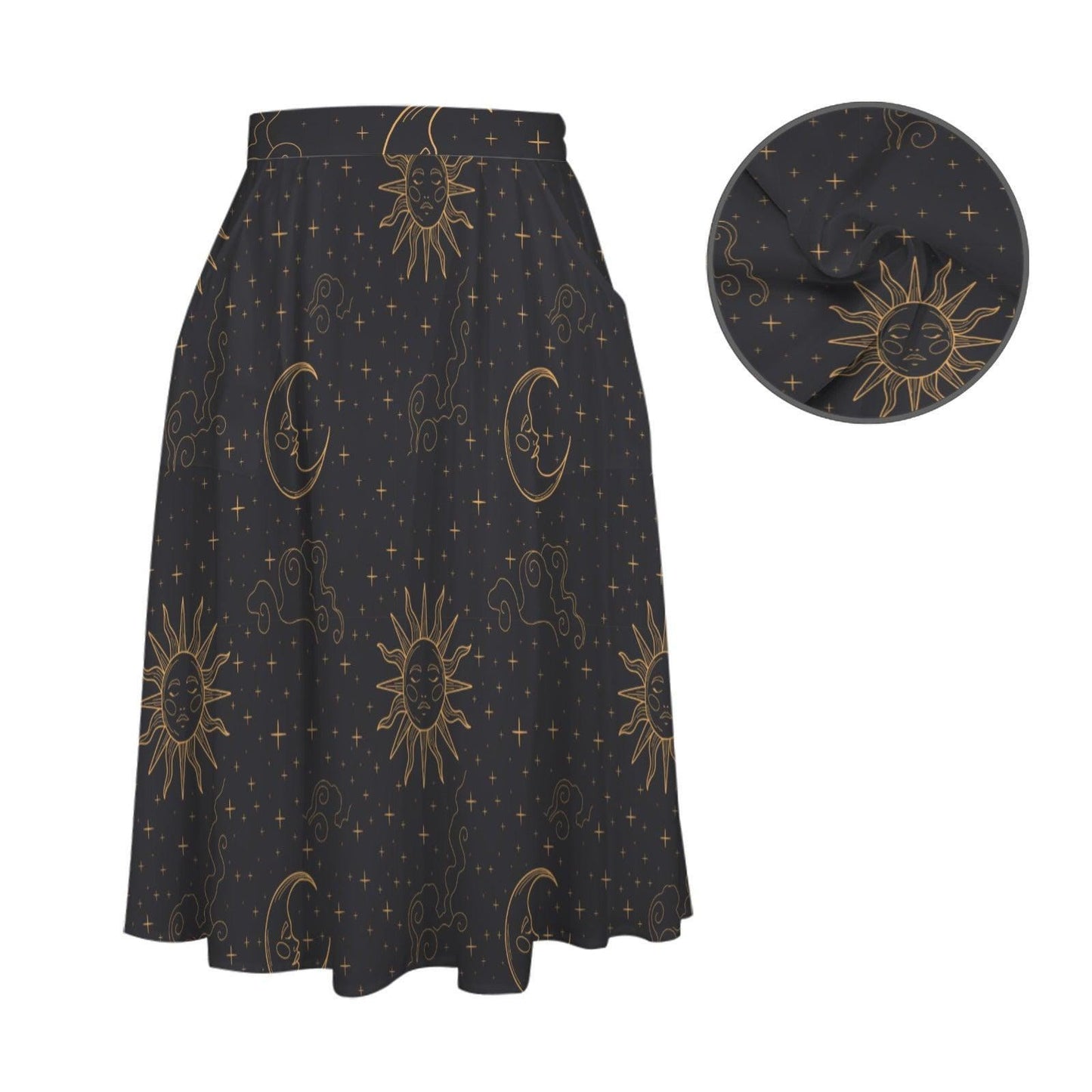 Celestial Sun Moon Midi Skirt with Pockets, Gold Tarot Witchy Style Festivals